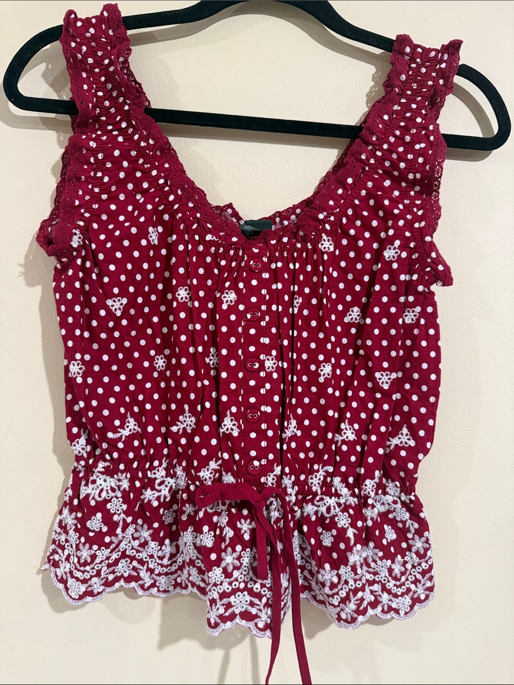wild fable Burgundy Polka Dot Lace-Trim Camisole Top